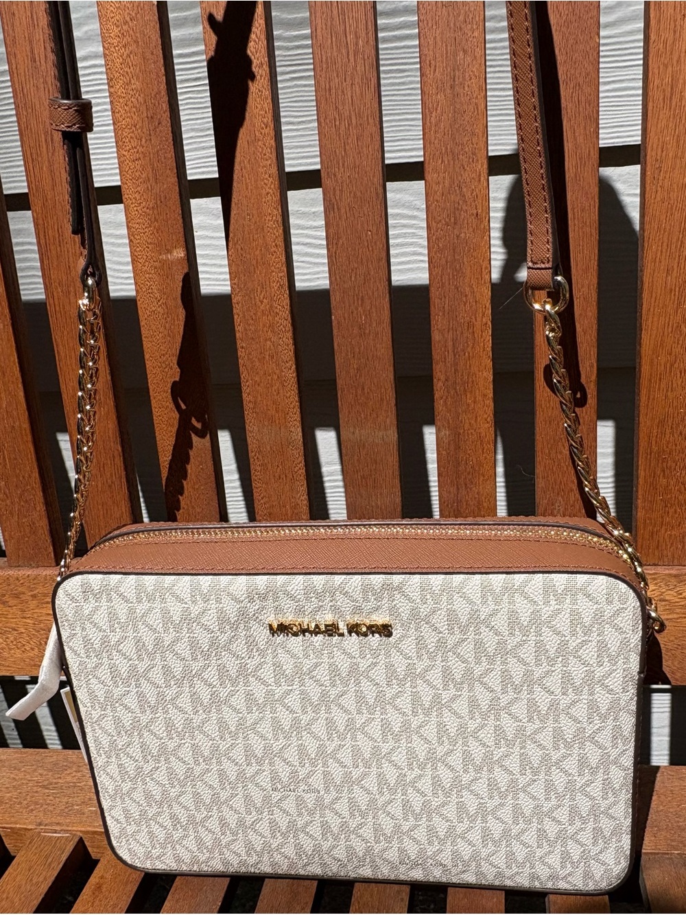 NWT Michael Kors Jet Set Large Crossbody Vanilla Acorn Signature Chain Bag